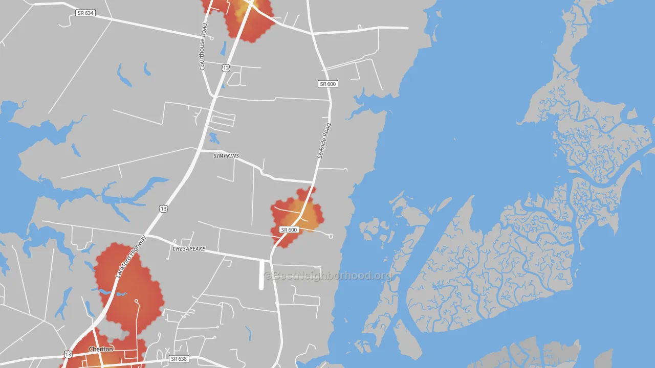 Walk Grade map of Eastville Station, VA, walkable areas in green and car-dependent areas in red