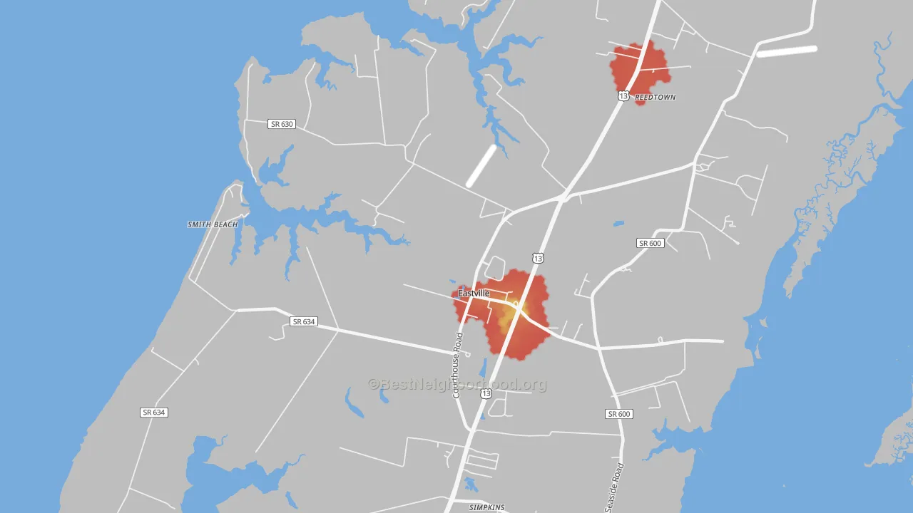Walk Grade map of Eastville, VA, walkable areas in green and car-dependent areas in red