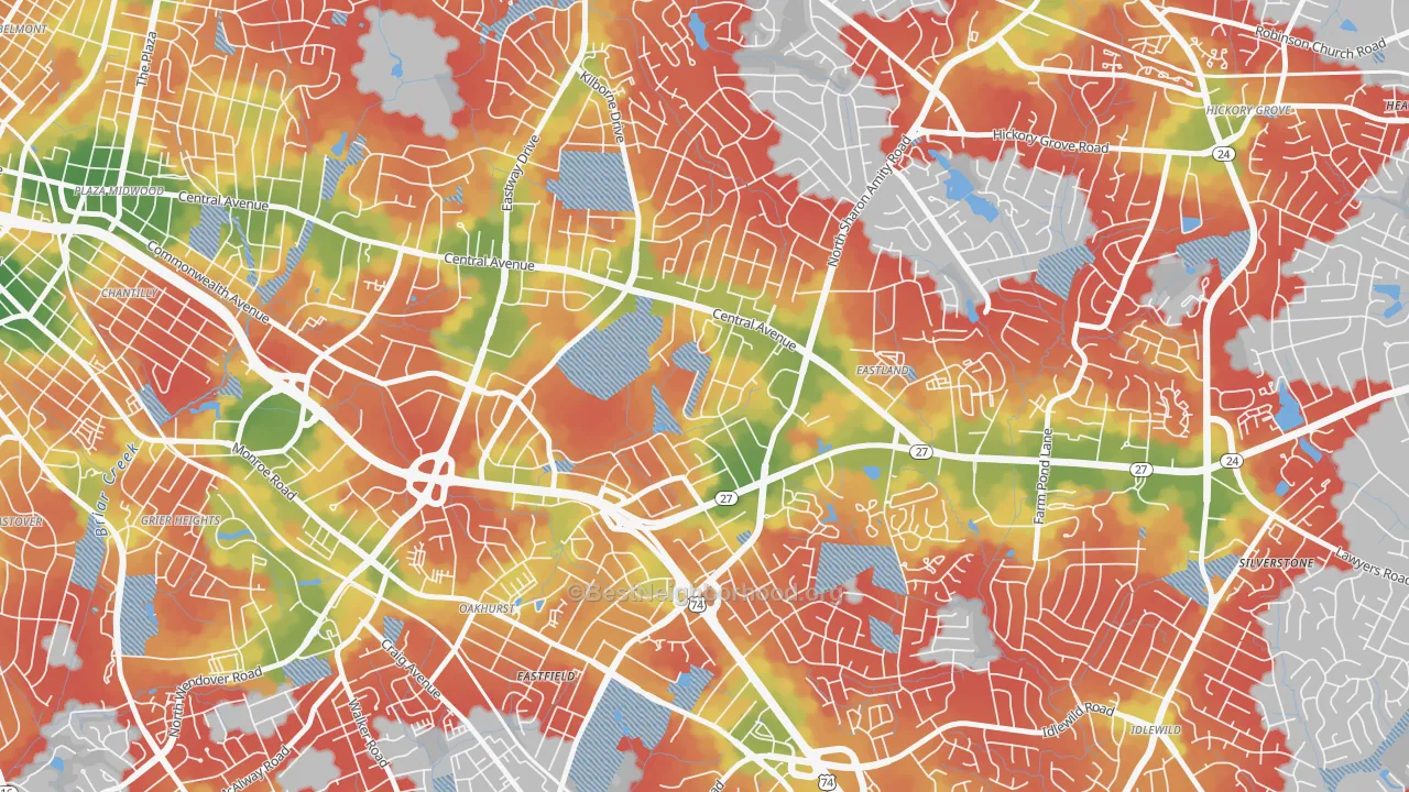 Walk Grade map of Eastway-Sheffield Park, Charlotte, NC, walkable areas in green and car-dependent areas in red