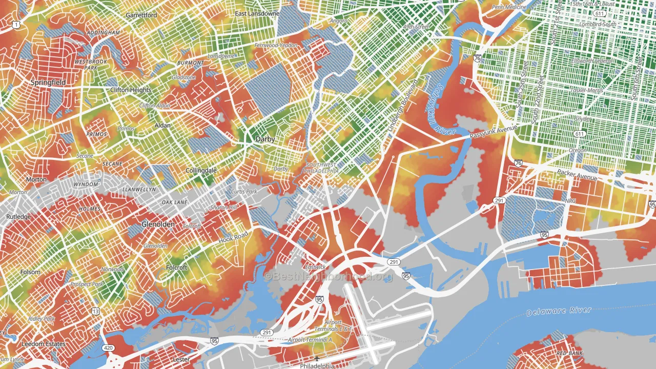 Walk Grade map of Eastwick, Philadelphia, PA, walkable areas in green and car-dependent areas in red