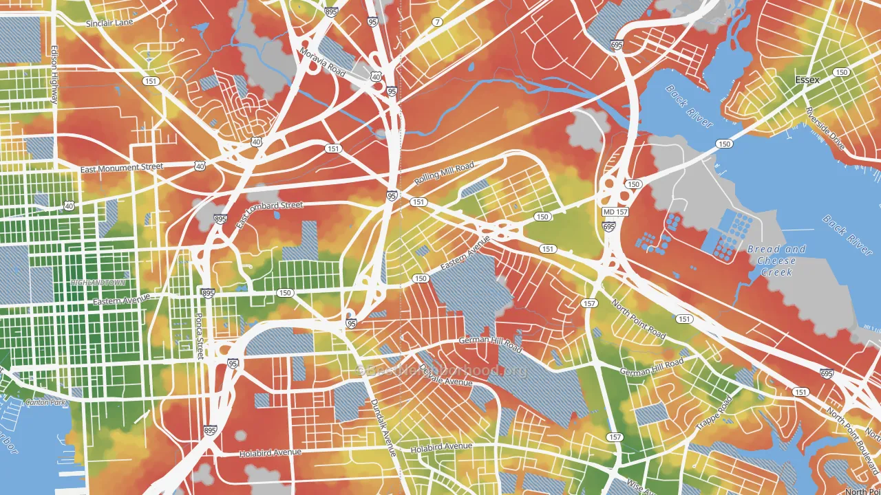 Walk Grade map of Eastwood, Dundalk, MD, walkable areas in green and car-dependent areas in red