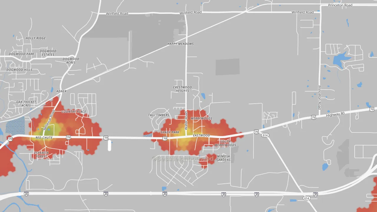 Walk Grade map of Eastwood, LA, walkable areas in green and car-dependent areas in red