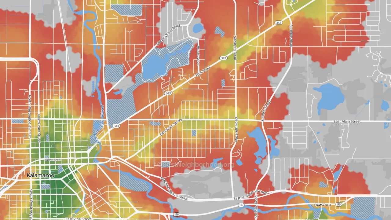 Walk Grade map of Eastwood, MI, walkable areas in green and car-dependent areas in red