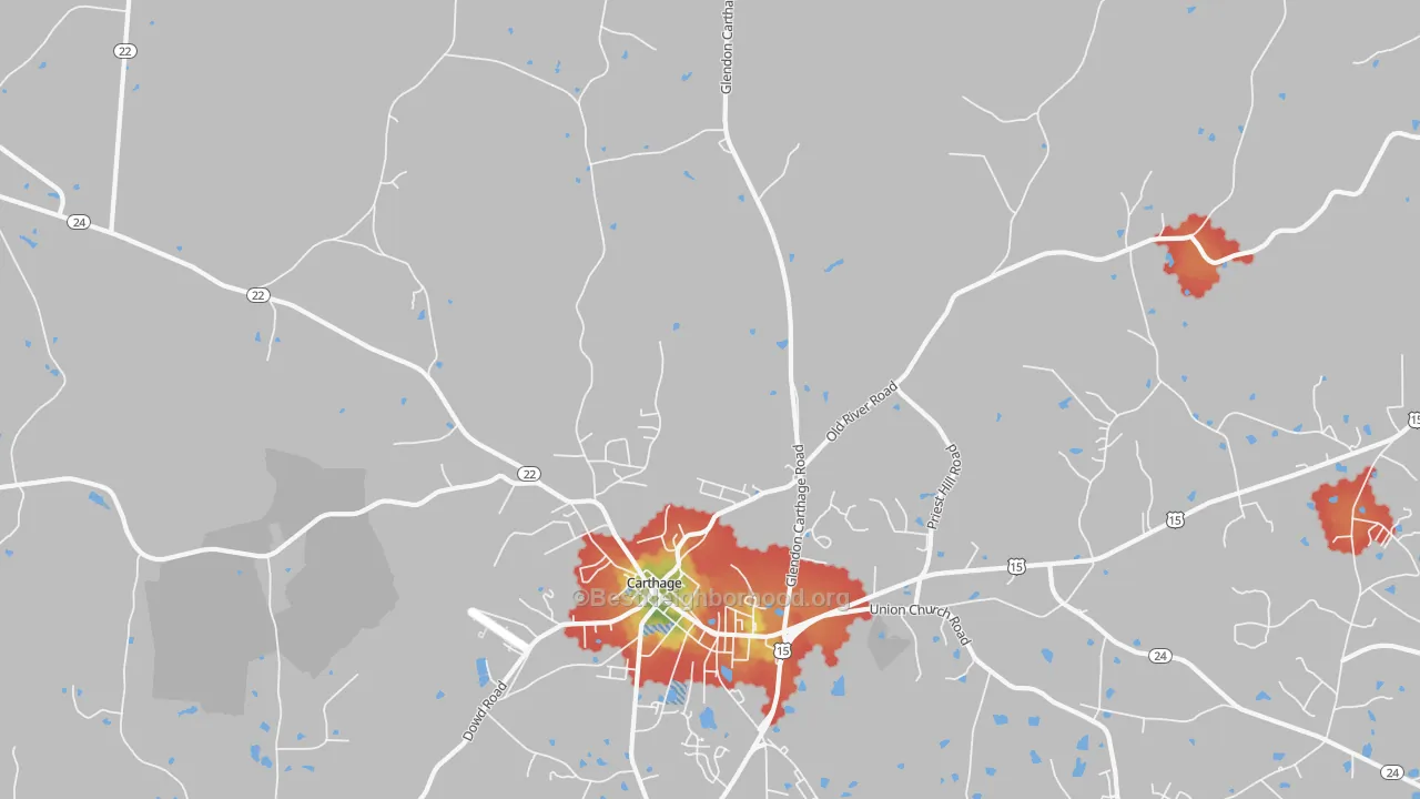 Walk Grade map of Eastwood, NC, walkable areas in green and car-dependent areas in red