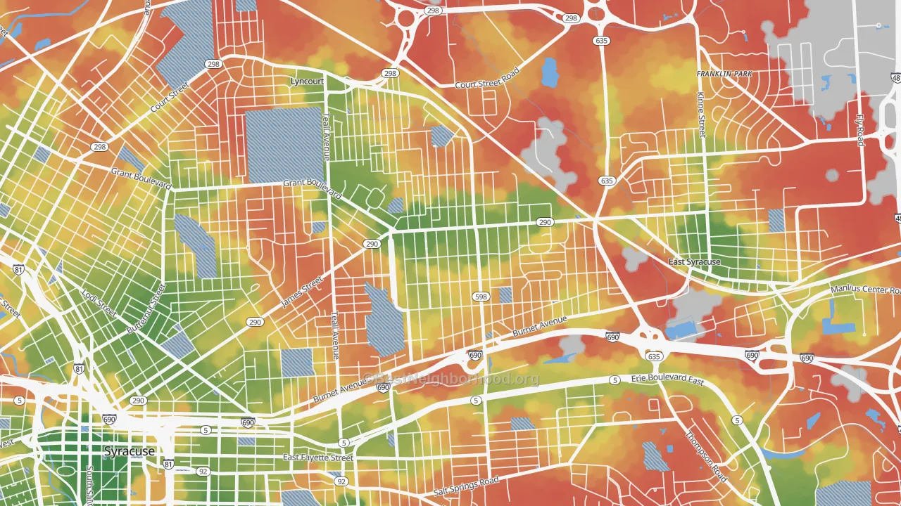 Walk Grade map of Eastwood, Syracuse, NY, walkable areas in green and car-dependent areas in red