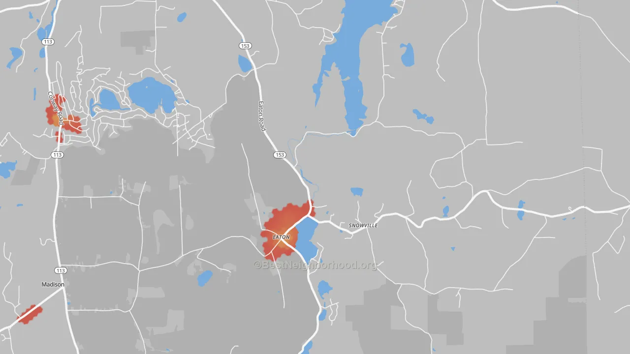 Walk Grade map of Eaton Center, NH, walkable areas in green and car-dependent areas in red