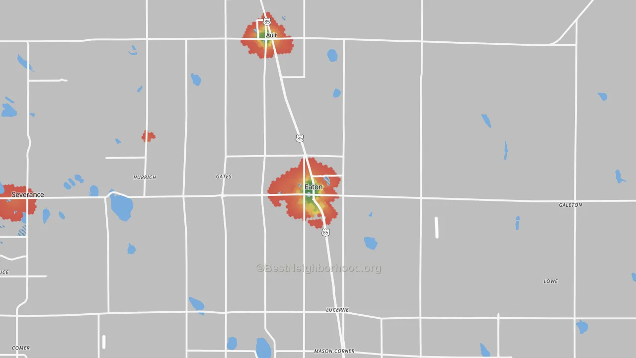 Walk Grade map of Eaton, CO, walkable areas in green and car-dependent areas in red