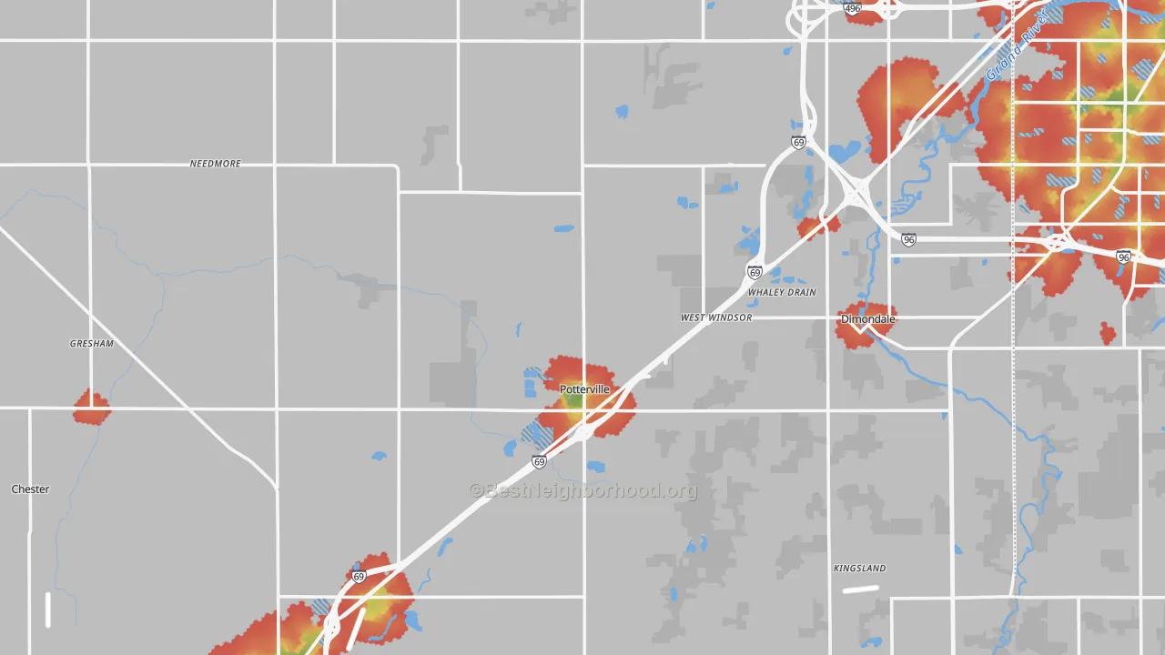 Walk Grade map of Eaton County, MI, walkable areas in green and car-dependent areas in red