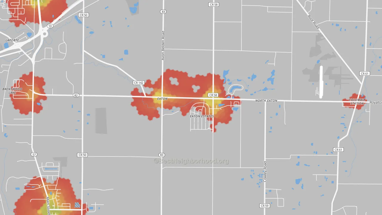 Walk Grade map of Eaton Estates, OH, walkable areas in green and car-dependent areas in red