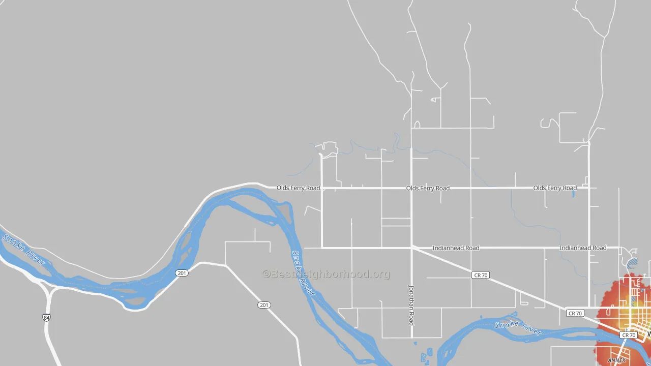 Walk Grade map of Eaton, ID, walkable areas in green and car-dependent areas in red