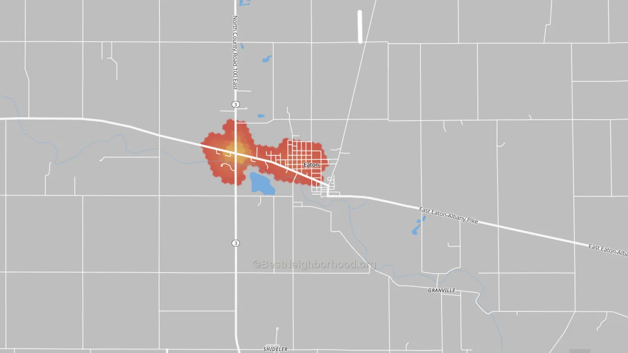 Walk Grade map of Eaton, IN, walkable areas in green and car-dependent areas in red