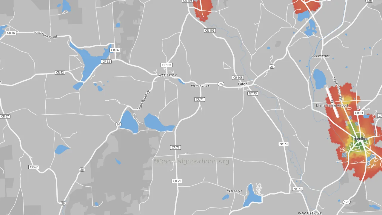 Walk Grade map of Eaton, NY, walkable areas in green and car-dependent areas in red