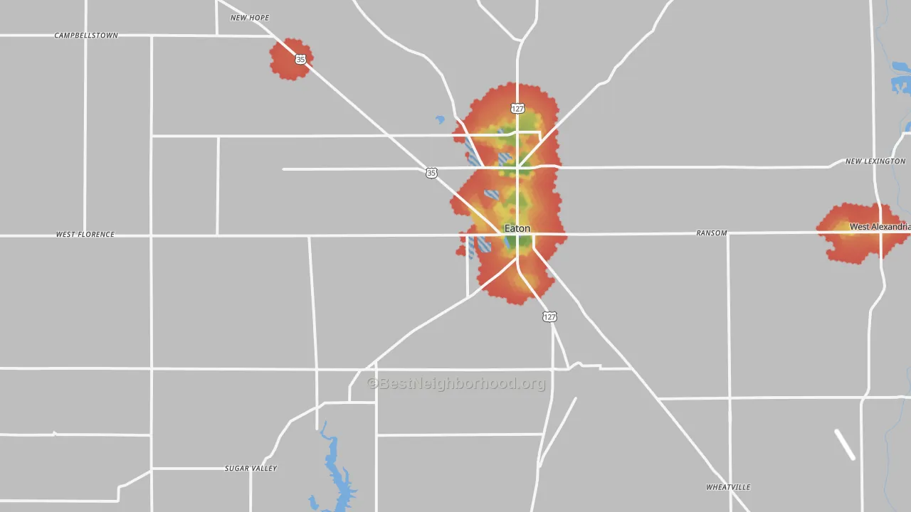 Walk Grade map of Eaton, OH, walkable areas in green and car-dependent areas in red
