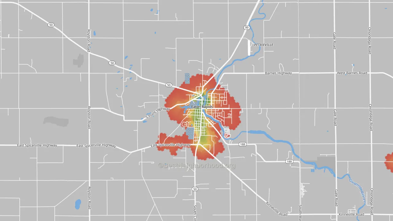 Walk Grade map of Eaton Rapids, MI, walkable areas in green and car-dependent areas in red