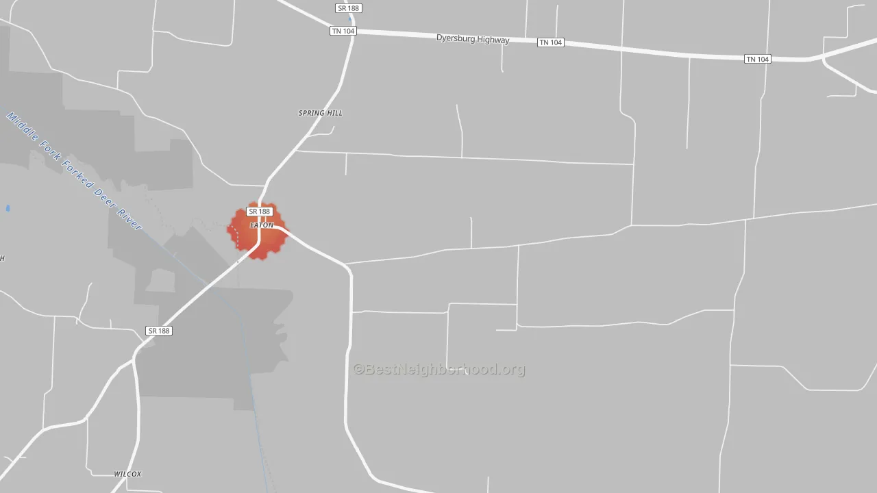 Walk Grade map of Eaton, TN, walkable areas in green and car-dependent areas in red
