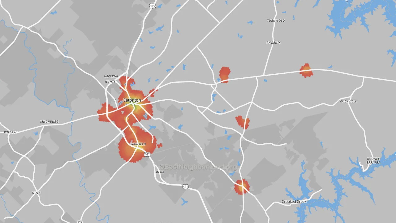 Walk Grade map of Eatonton, GA, walkable areas in green and car-dependent areas in red
