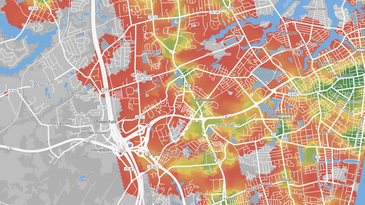 Walk Grade map of Eatontown, NJ, walkable areas in green and car-dependent areas in red