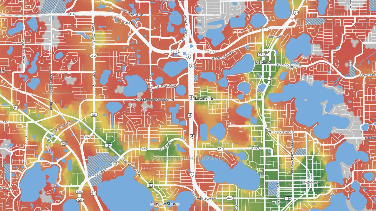 Walk Grade map of Eatonville, FL, walkable areas in green and car-dependent areas in red