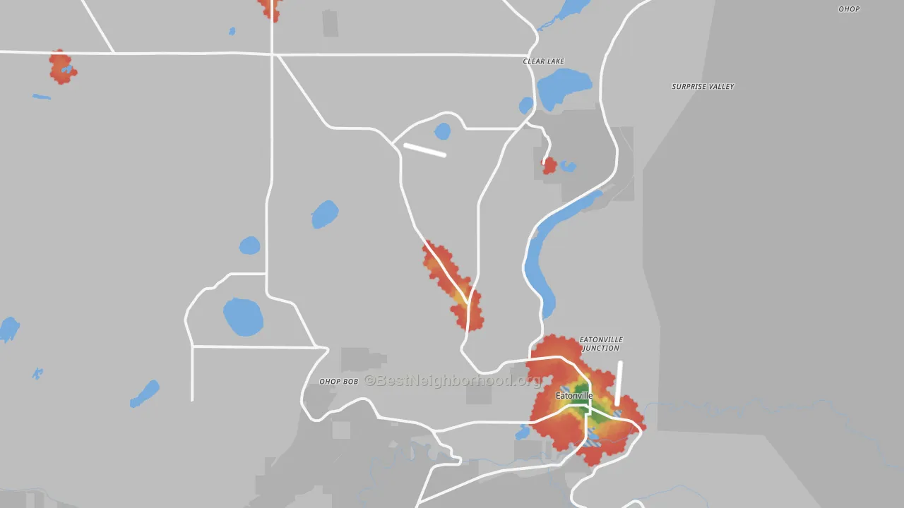 Walk Grade map of Eatonville, WA, walkable areas in green and car-dependent areas in red