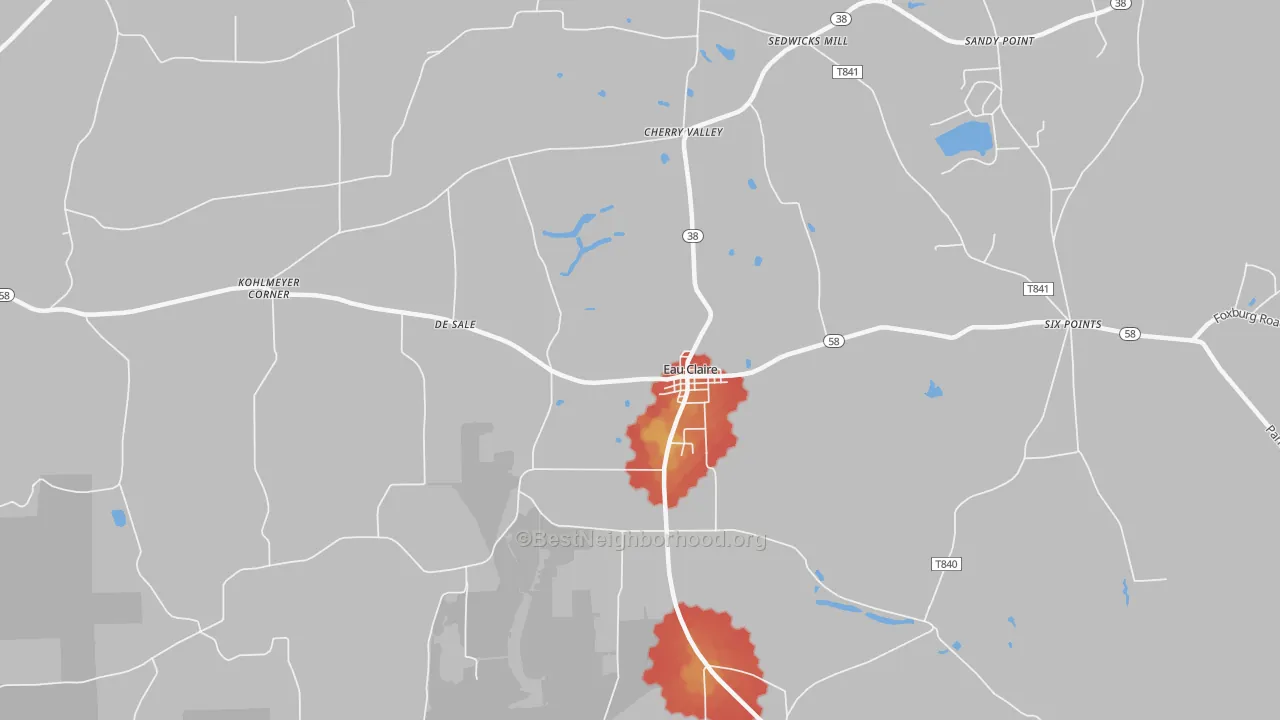 Walk Grade map of Eau Claire, PA, walkable areas in green and car-dependent areas in red