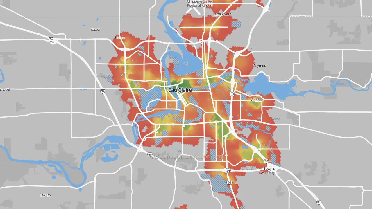 Walk Grade map of Eau Claire, WI, walkable areas in green and car-dependent areas in red