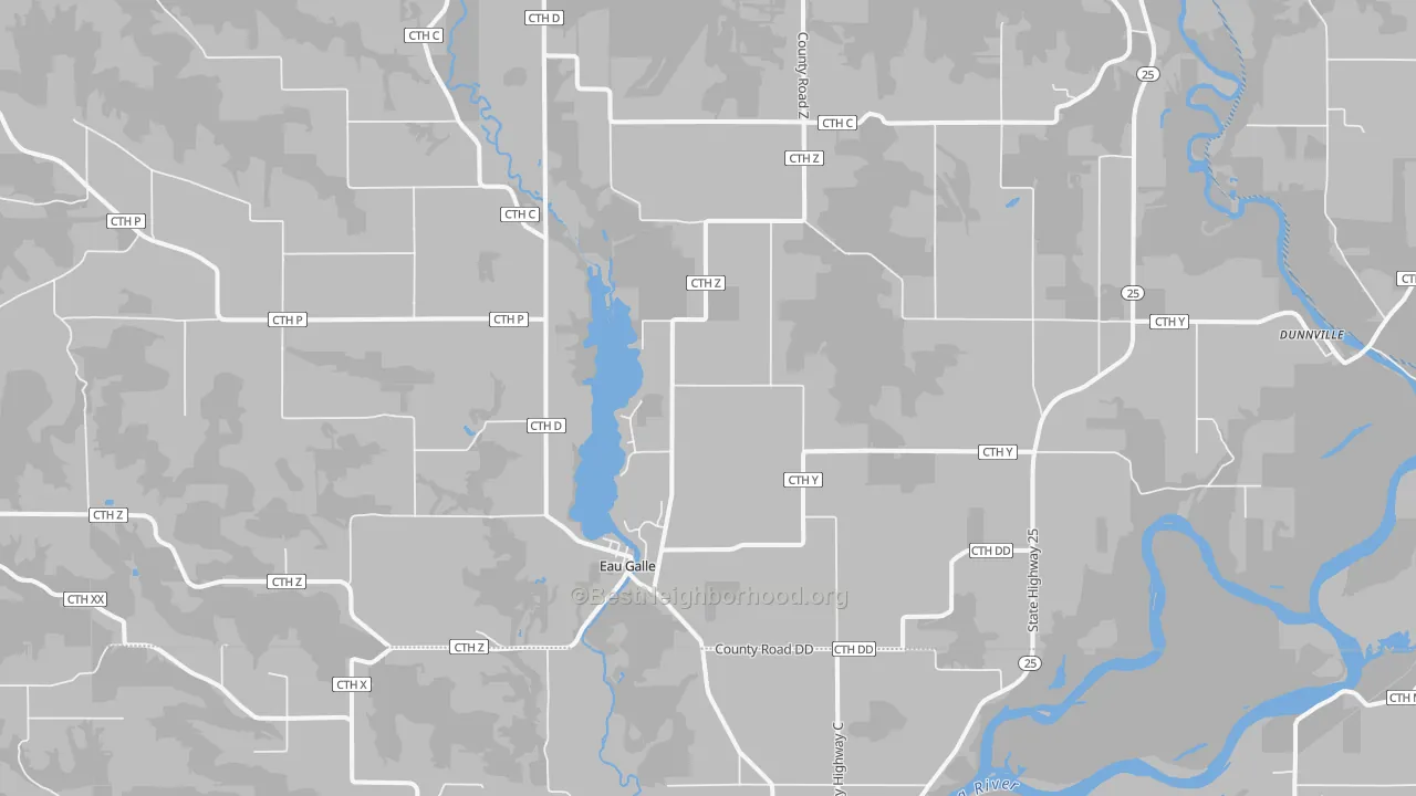 Walk Grade map of Eau Galle, WI, walkable areas in green and car-dependent areas in red