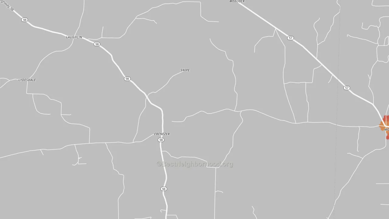 Walk Grade map of Ebenezer, AR, walkable areas in green and car-dependent areas in red