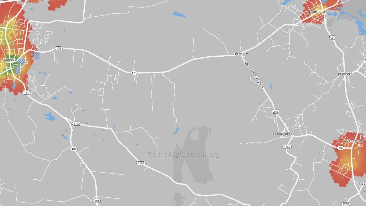 Walk Grade map of Ebenezer, KY, walkable areas in green and car-dependent areas in red