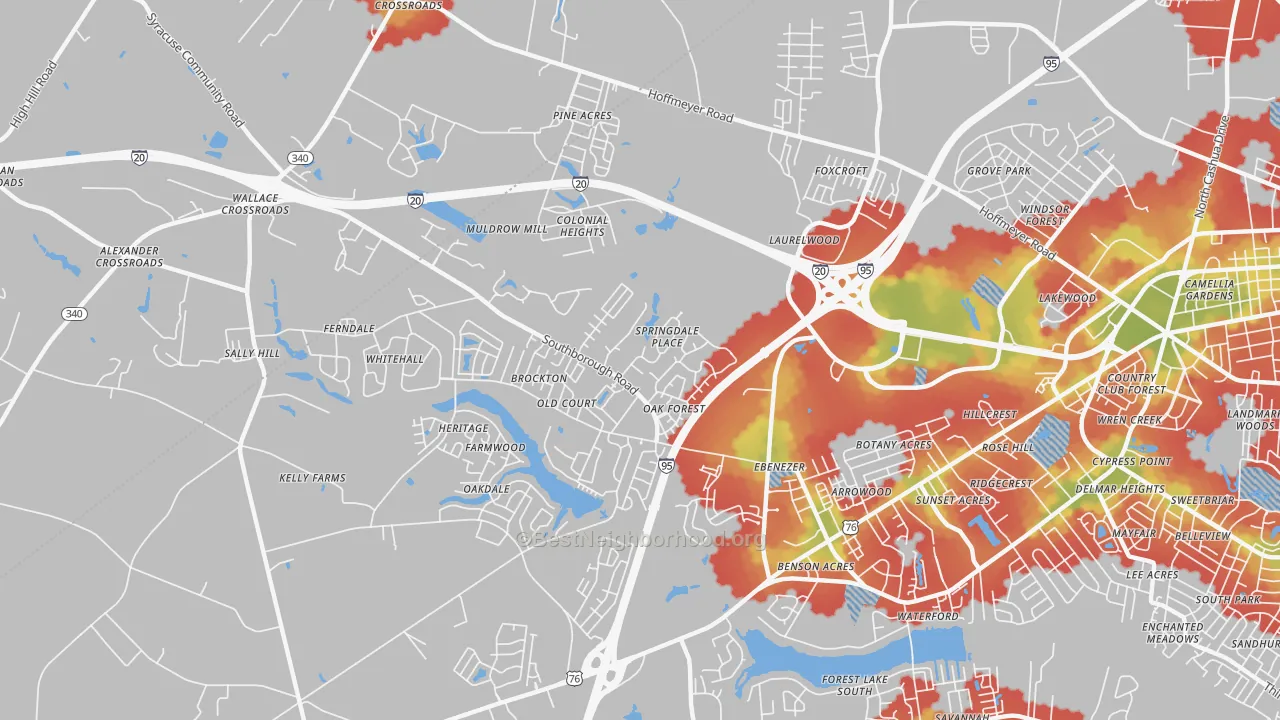 Walk Grade map of Ebenezer, SC, walkable areas in green and car-dependent areas in red
