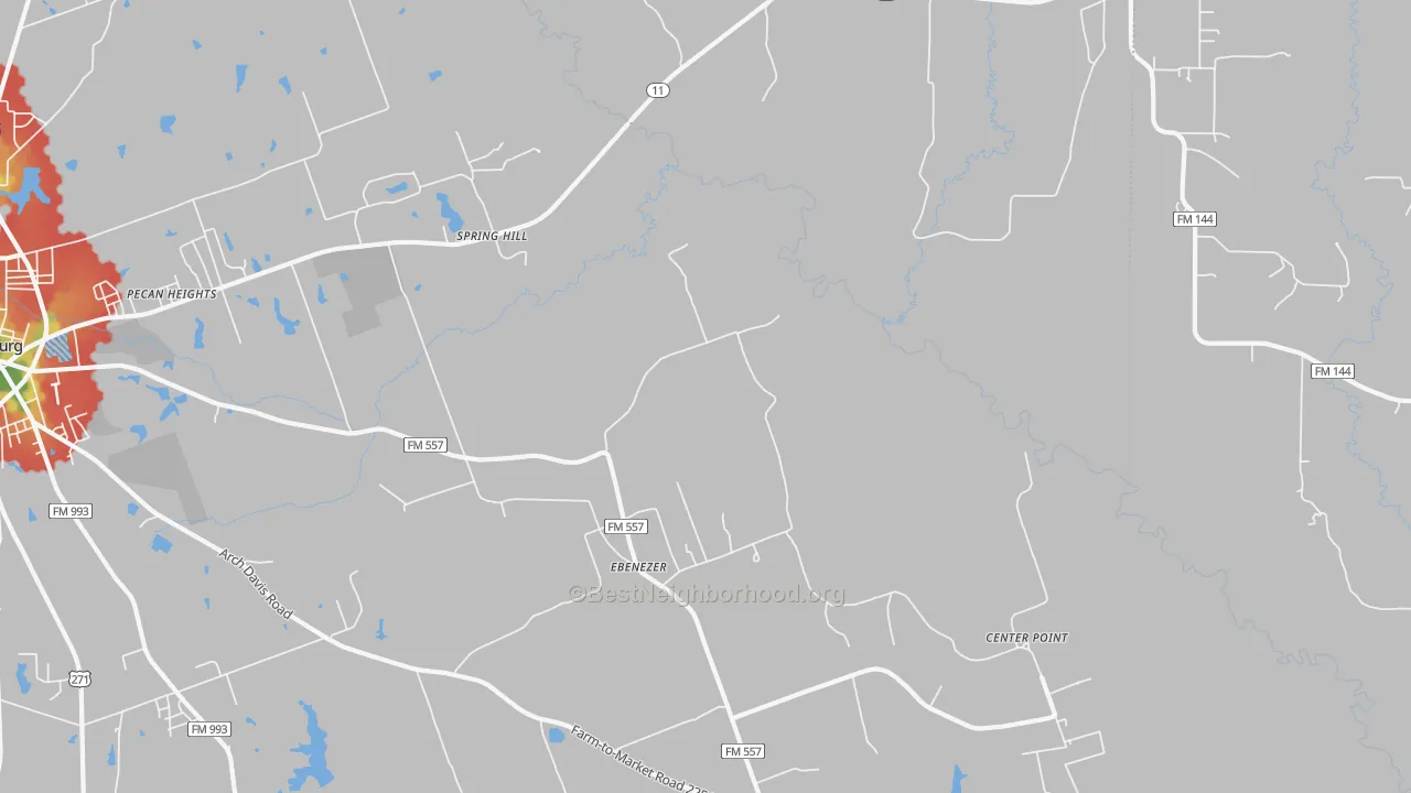 Walk Grade map of Ebenezer, TX, walkable areas in green and car-dependent areas in red