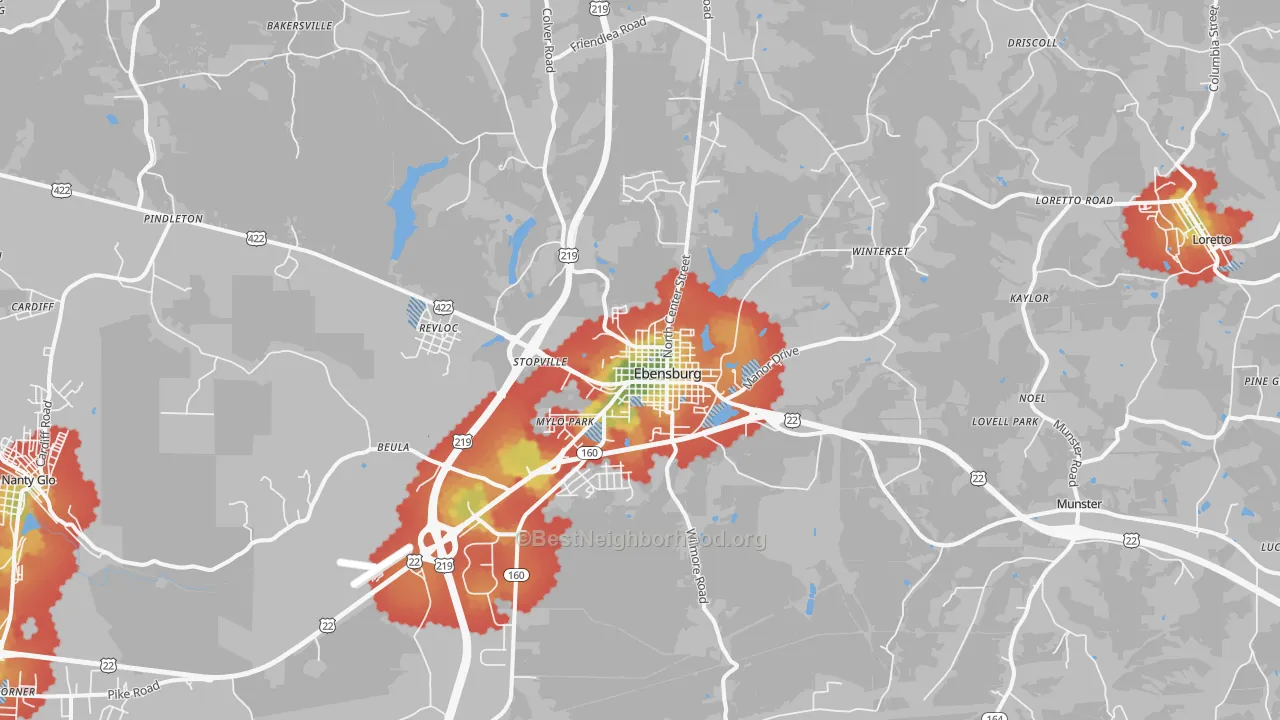 Walk Grade map of Ebensburg, PA, walkable areas in green and car-dependent areas in red