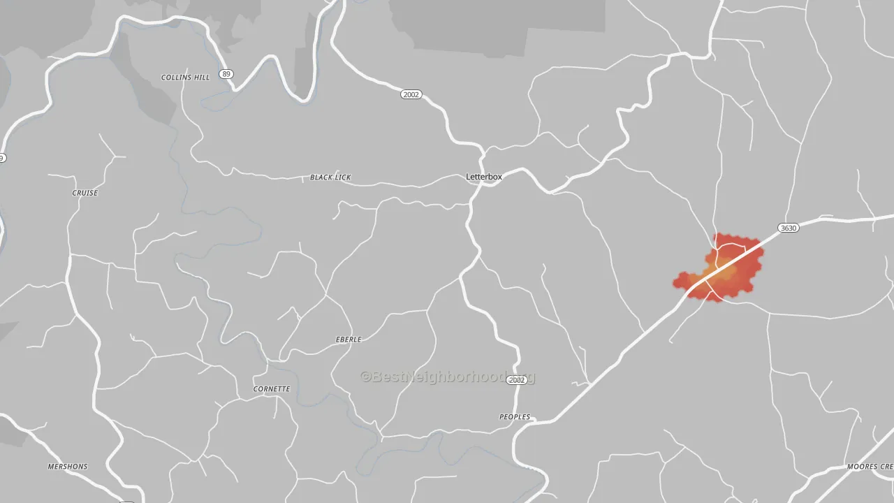 Walk Grade map of Eberle, KY, walkable areas in green and car-dependent areas in red