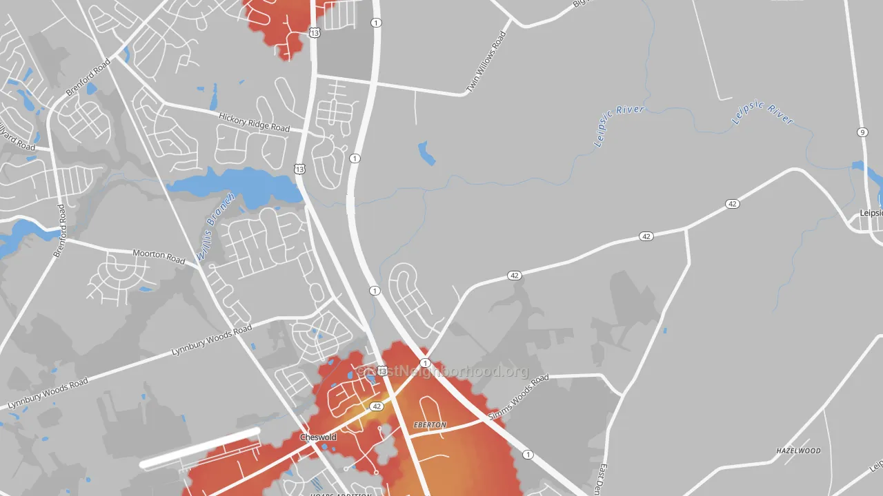 Walk Grade map of Eberton, DE, walkable areas in green and car-dependent areas in red