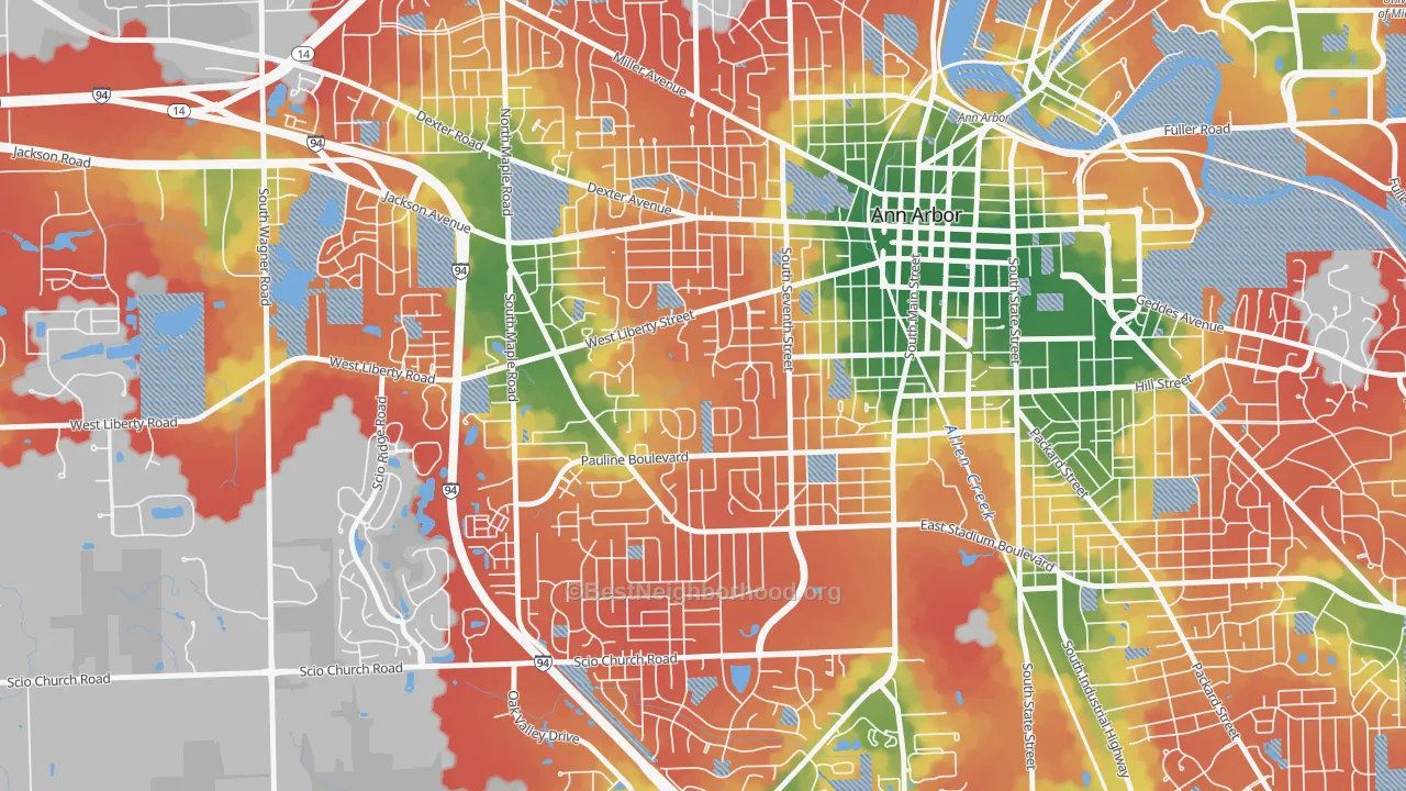 Walk Grade map of Eberwhite, Ann Arbor, MI, walkable areas in green and car-dependent areas in red
