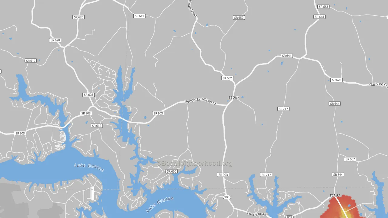 Walk Grade map of Ebony, VA, walkable areas in green and car-dependent areas in red