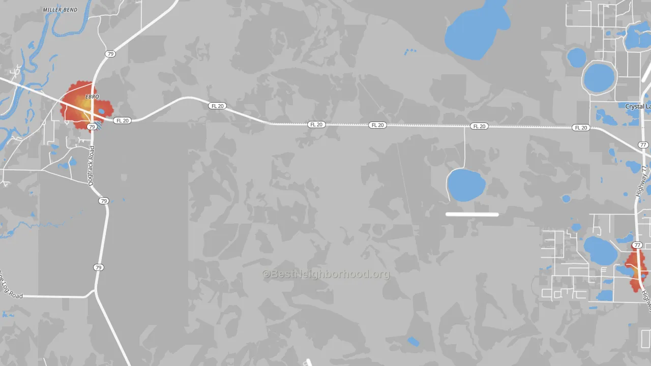 Walk Grade map of Ebro, FL, walkable areas in green and car-dependent areas in red