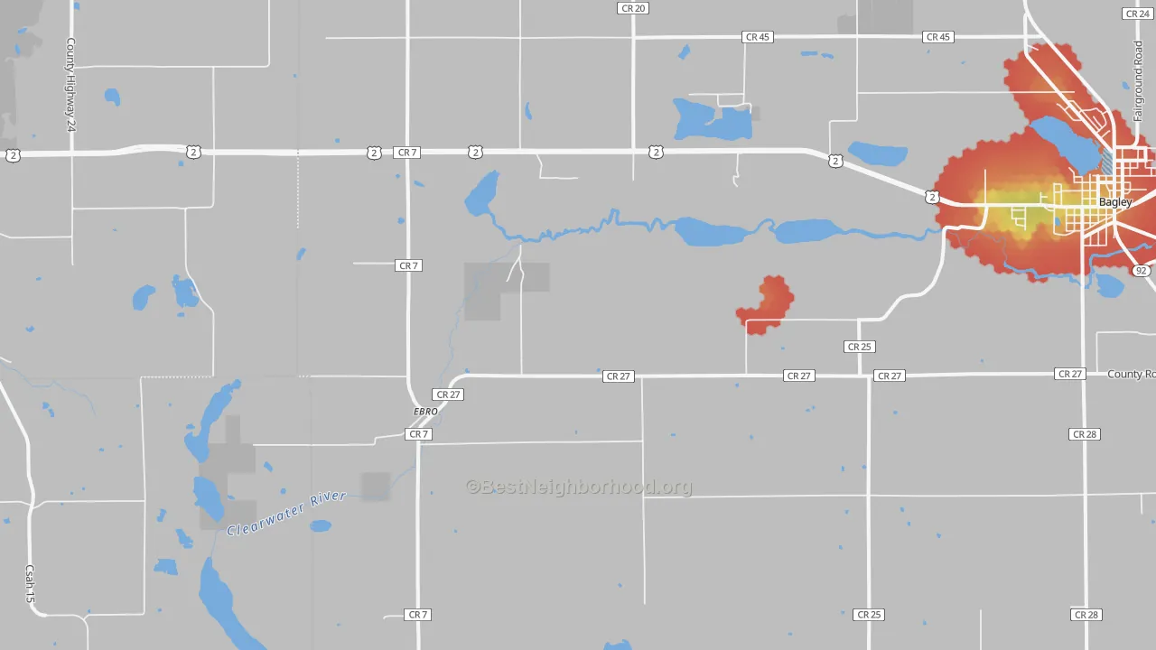 Walk Grade map of Ebro, MN, walkable areas in green and car-dependent areas in red