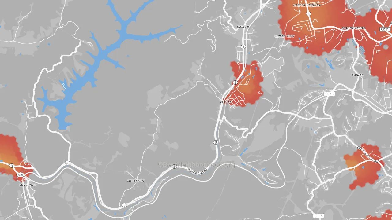 Walk Grade map of Eccles, WV, walkable areas in green and car-dependent areas in red
