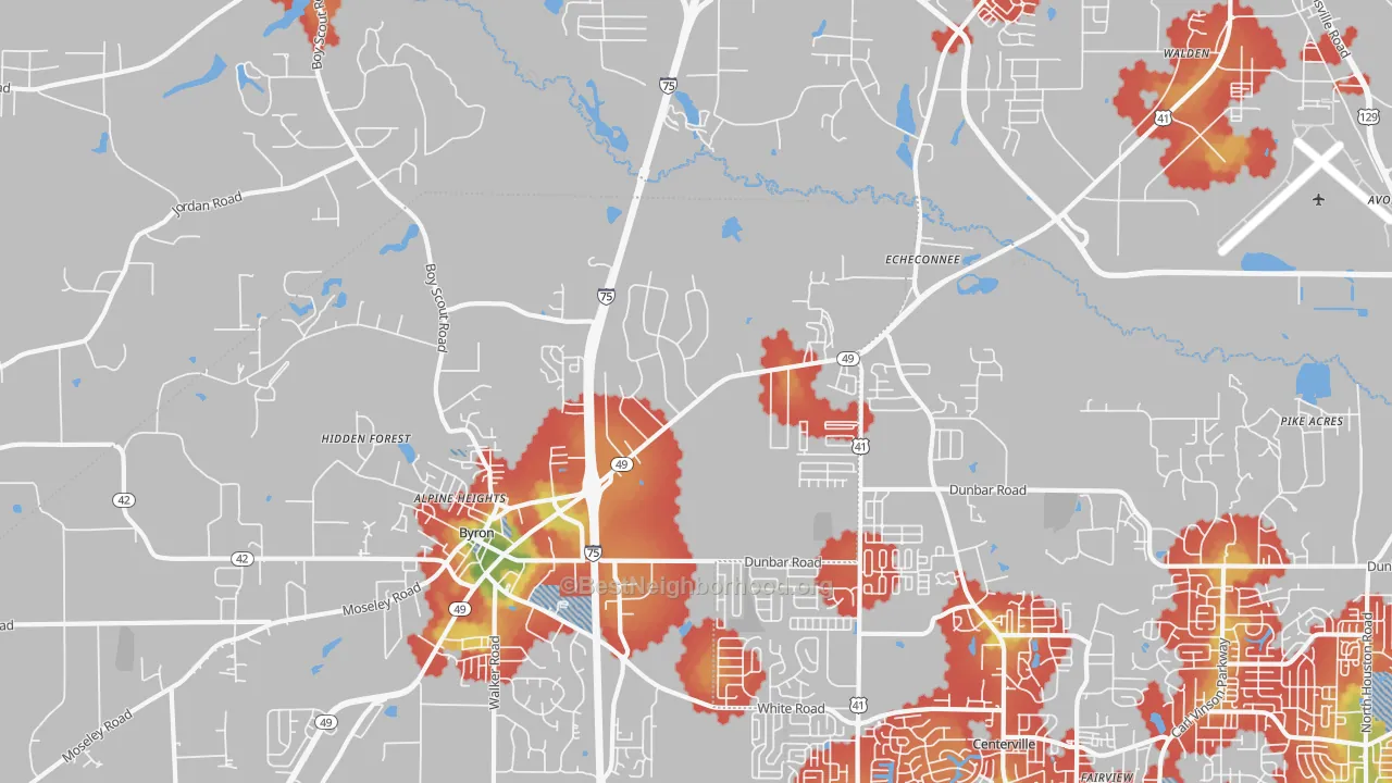 Walk Grade map of Echeconnee, GA, walkable areas in green and car-dependent areas in red