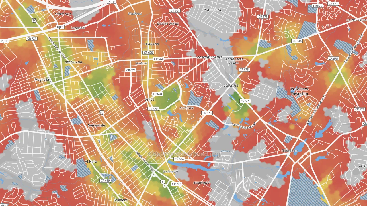 Walk Grade map of Echelon, NJ, walkable areas in green and car-dependent areas in red