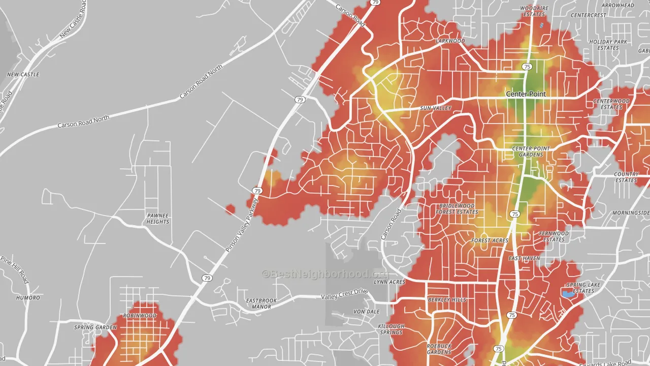 Walk Grade map of Echo Highlands, Birmingham, AL, walkable areas in green and car-dependent areas in red