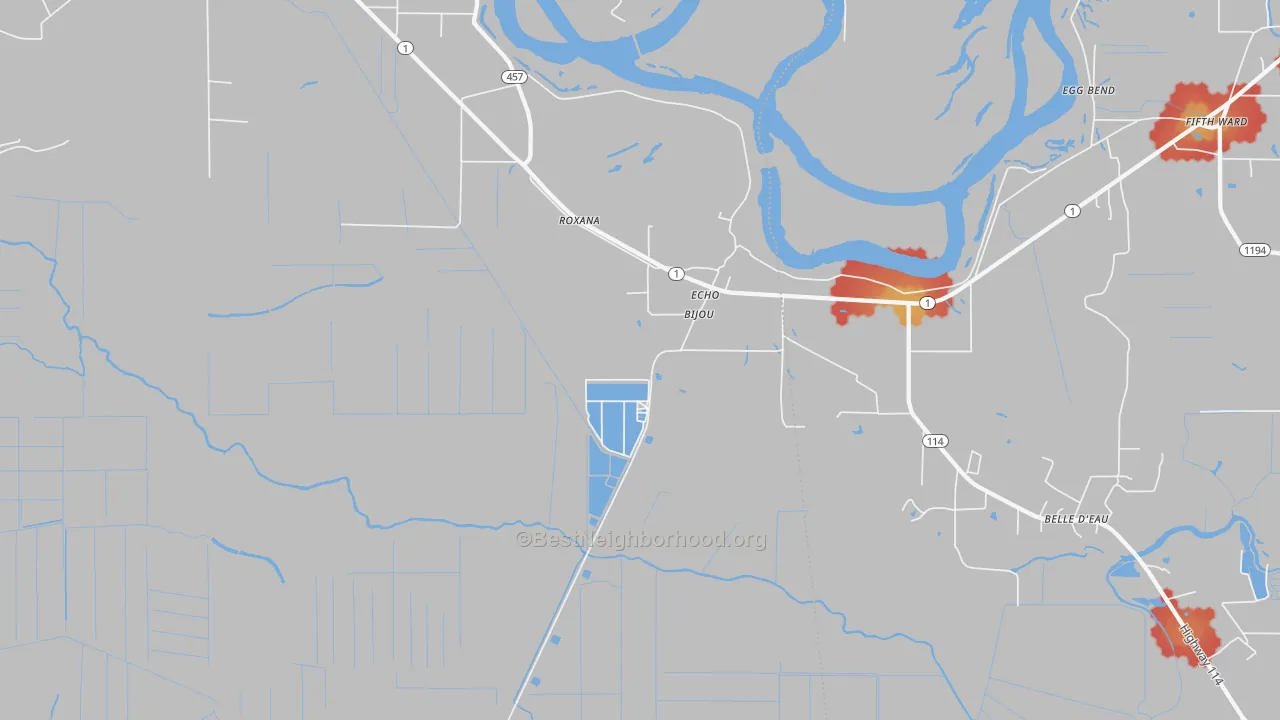 Walk Grade map of Echo, LA, walkable areas in green and car-dependent areas in red