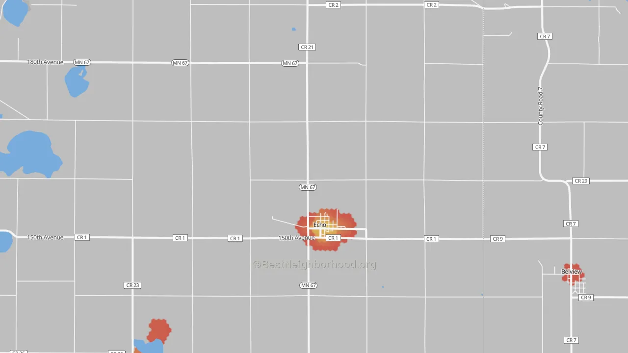 Walk Grade map of Echo, MN, walkable areas in green and car-dependent areas in red