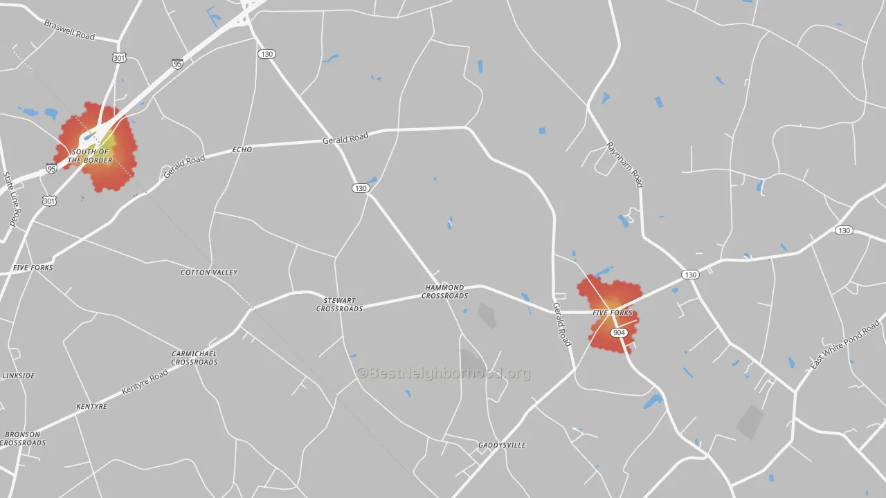 Walk Grade map of Echo, NC, walkable areas in green and car-dependent areas in red