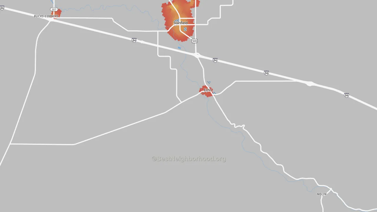 Walk Grade map of Echo, OR, walkable areas in green and car-dependent areas in red