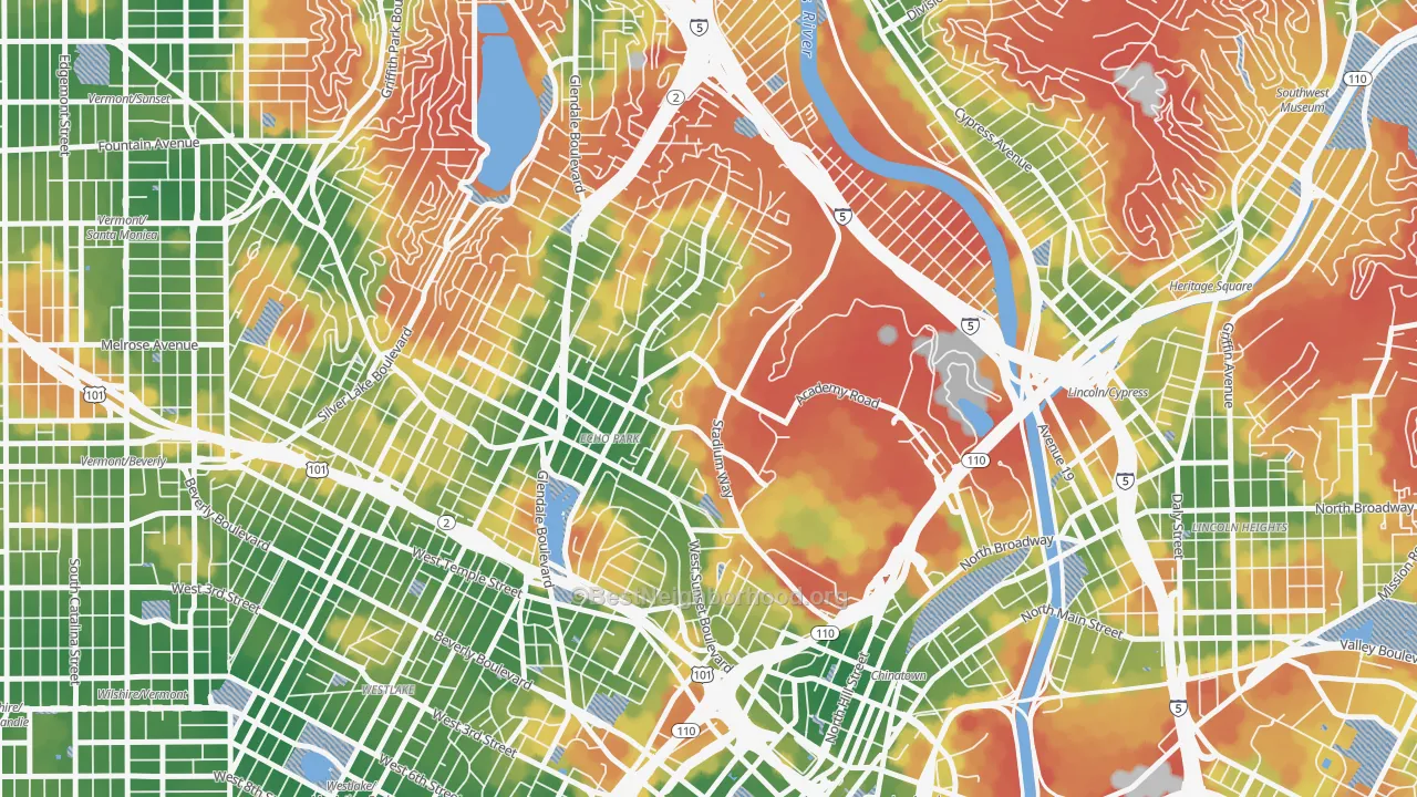Walk Grade map of Echo Park, Los Angeles, CA, walkable areas in green and car-dependent areas in red