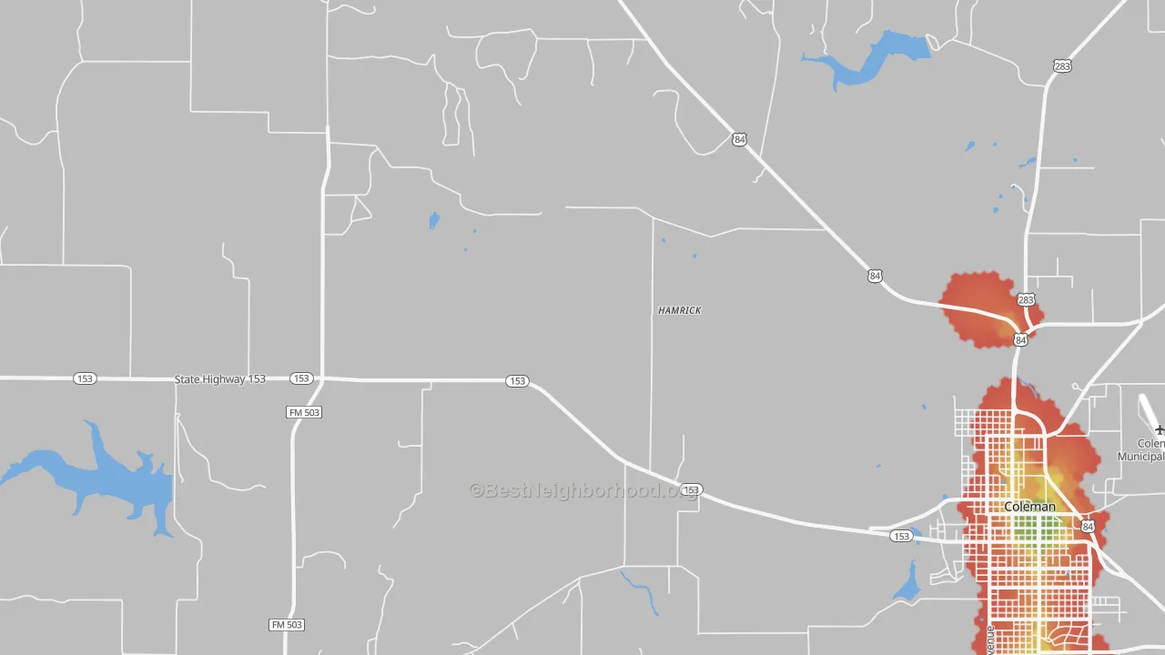 Walk Grade map of Echo, TX, walkable areas in green and car-dependent areas in red