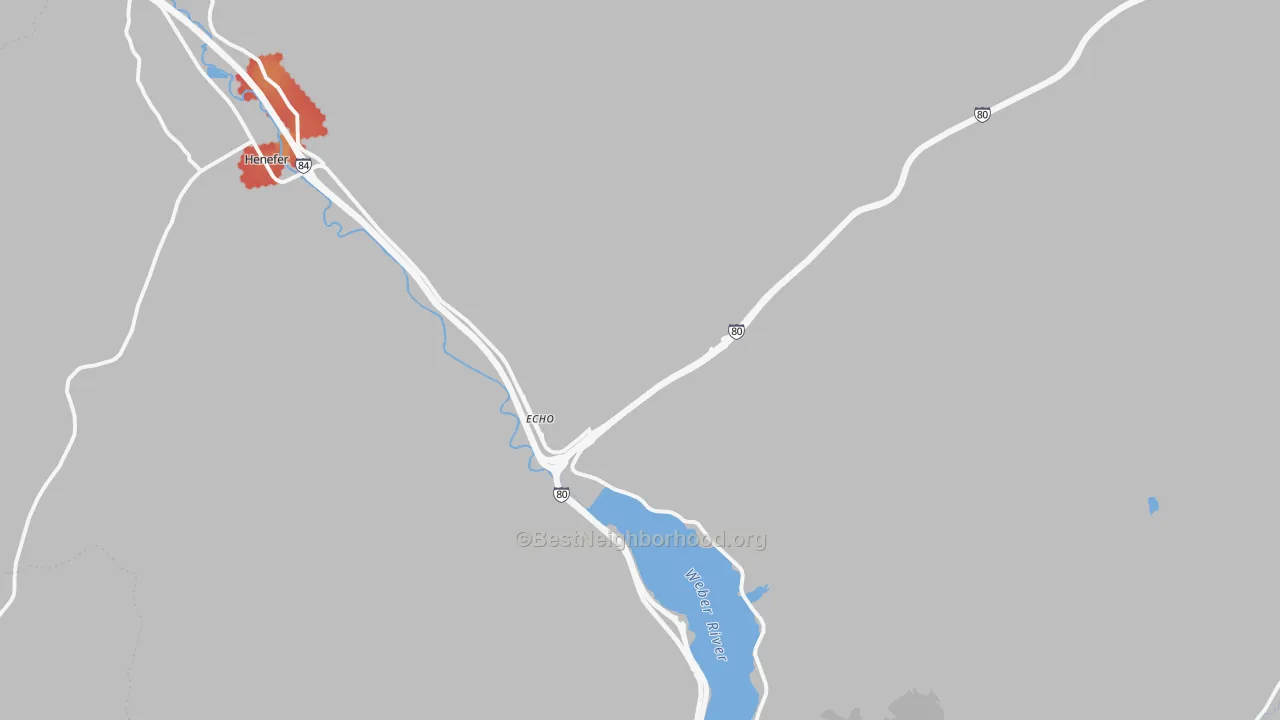 Walk Grade map of Echo, UT, walkable areas in green and car-dependent areas in red