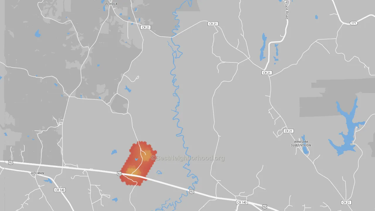Walk Grade map of Echola, AL, walkable areas in green and car-dependent areas in red