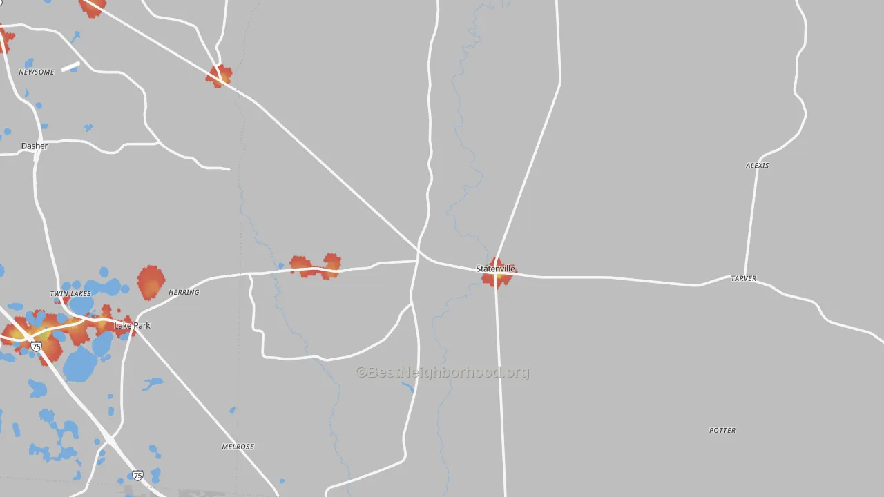 Walk Grade map of Echols County, GA, walkable areas in green and car-dependent areas in red